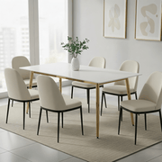 Zayle Rectangular Dining Table with a Sintered Stone Tabletop and a Stainless Steel Base Gold Solid White Dining Table Leisuremod
