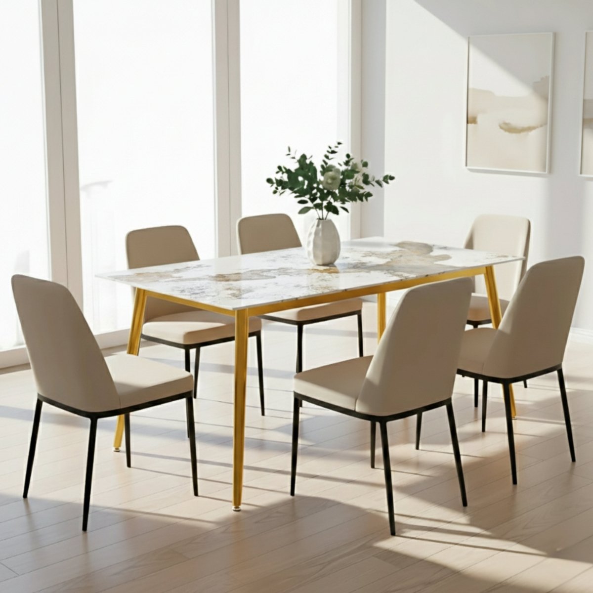 Zayle Rectangular Dining Table with a Sintered Stone Tabletop and a Stainless Steel Base Gold White Grey Dining Table Leisuremod