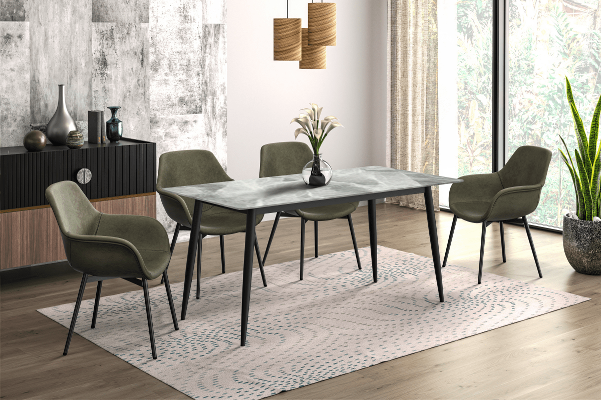 Zayle Rectangular Dining Table with a Sintered Stone Tabletop and a Stainless Steel Base Black Red Oak Dining Table Leisuremod