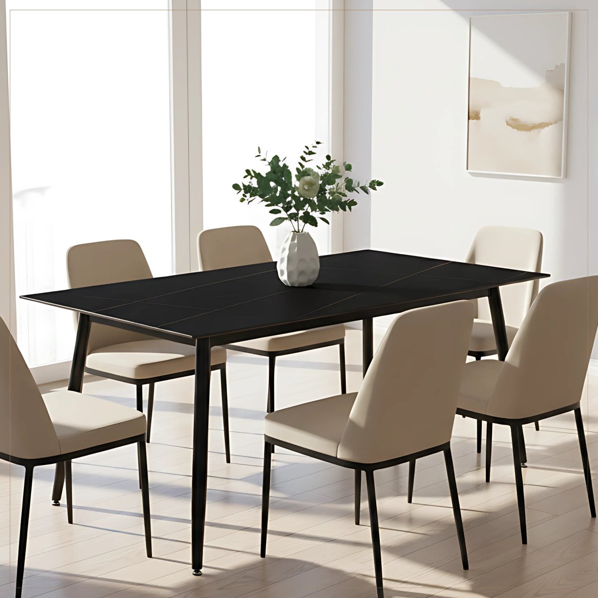 Zayle Rectangular Dining Table with a Sintered Stone Tabletop and a Stainless Steel Base Black Black Gold Dining Table Leisuremod