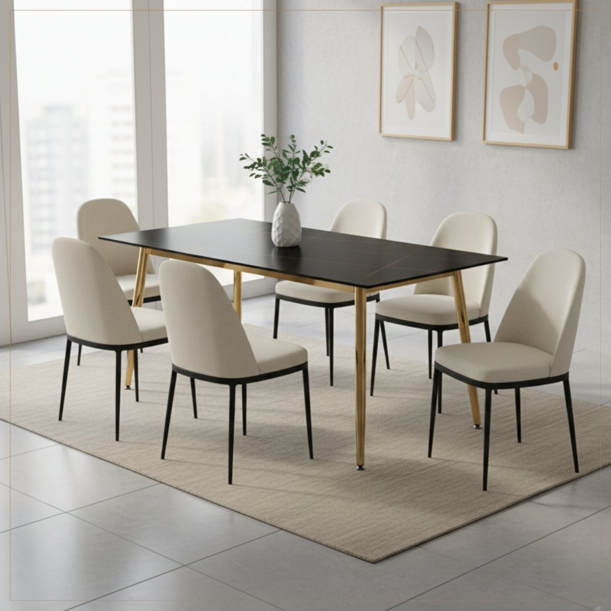 Zayle Rectangular Dining Table with a Sintered Stone Tabletop and a Stainless Steel Base Gold Black Gold Dining Table Leisuremod