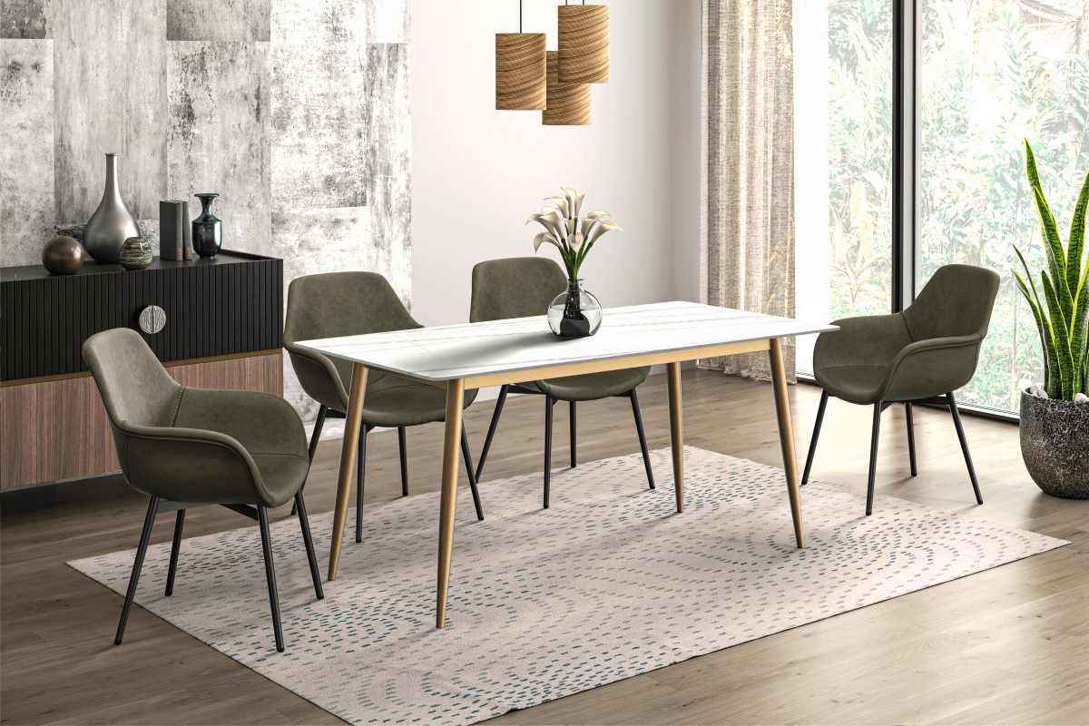 Zayle Rectangular Dining Table with a Sintered Stone Tabletop and a Stainless Steel Base Gold White Gold Dining Table Leisuremod