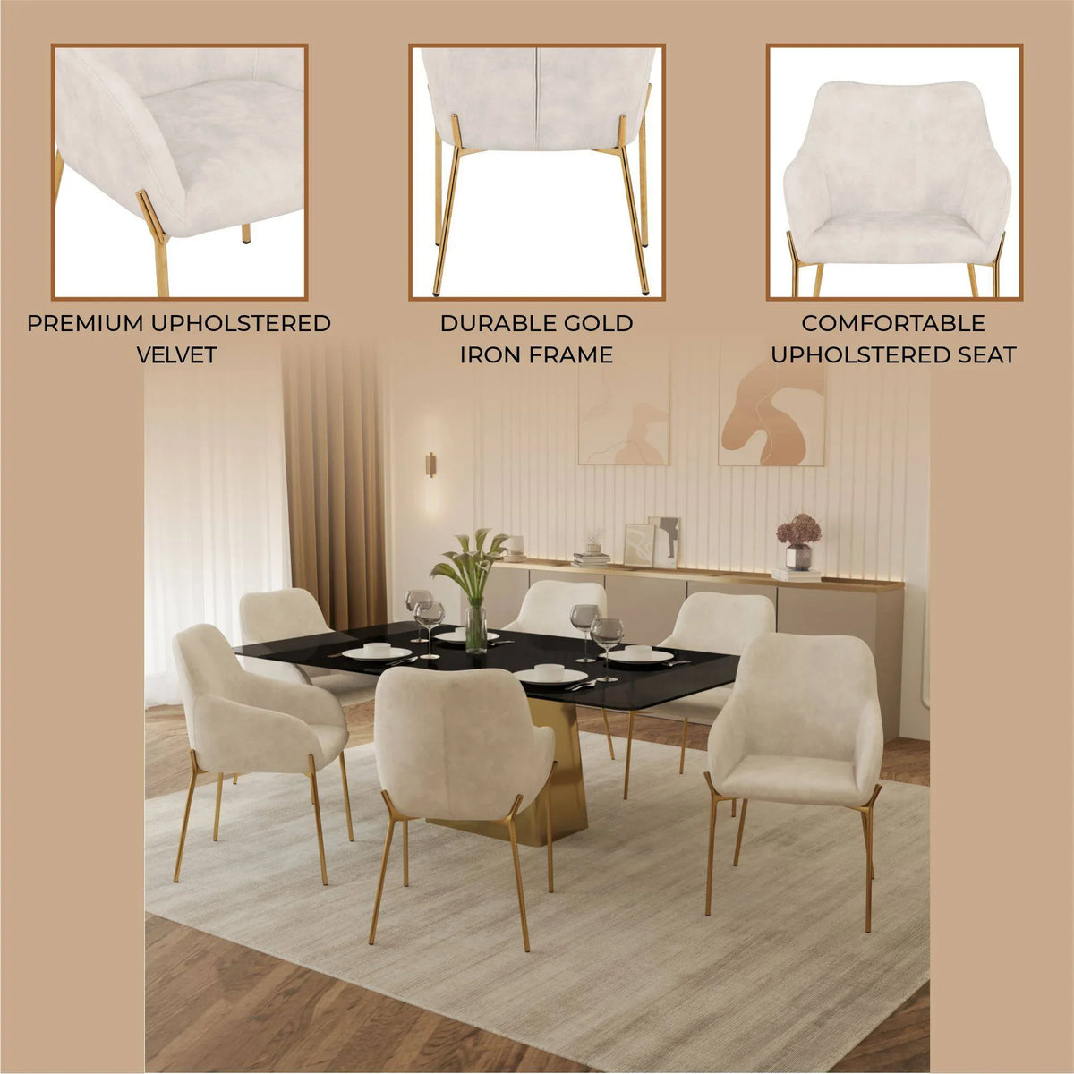 Zaire Upholsters Dining Chair in Velvet/Leather/Boucle with Gold Chrome Iron - Elax Furniture