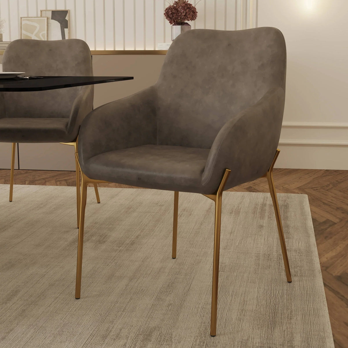 Zaire Upholsters Dining Chair in Velvet/Leather/Boucle with Gold Chrome Iron - Elax Furniture