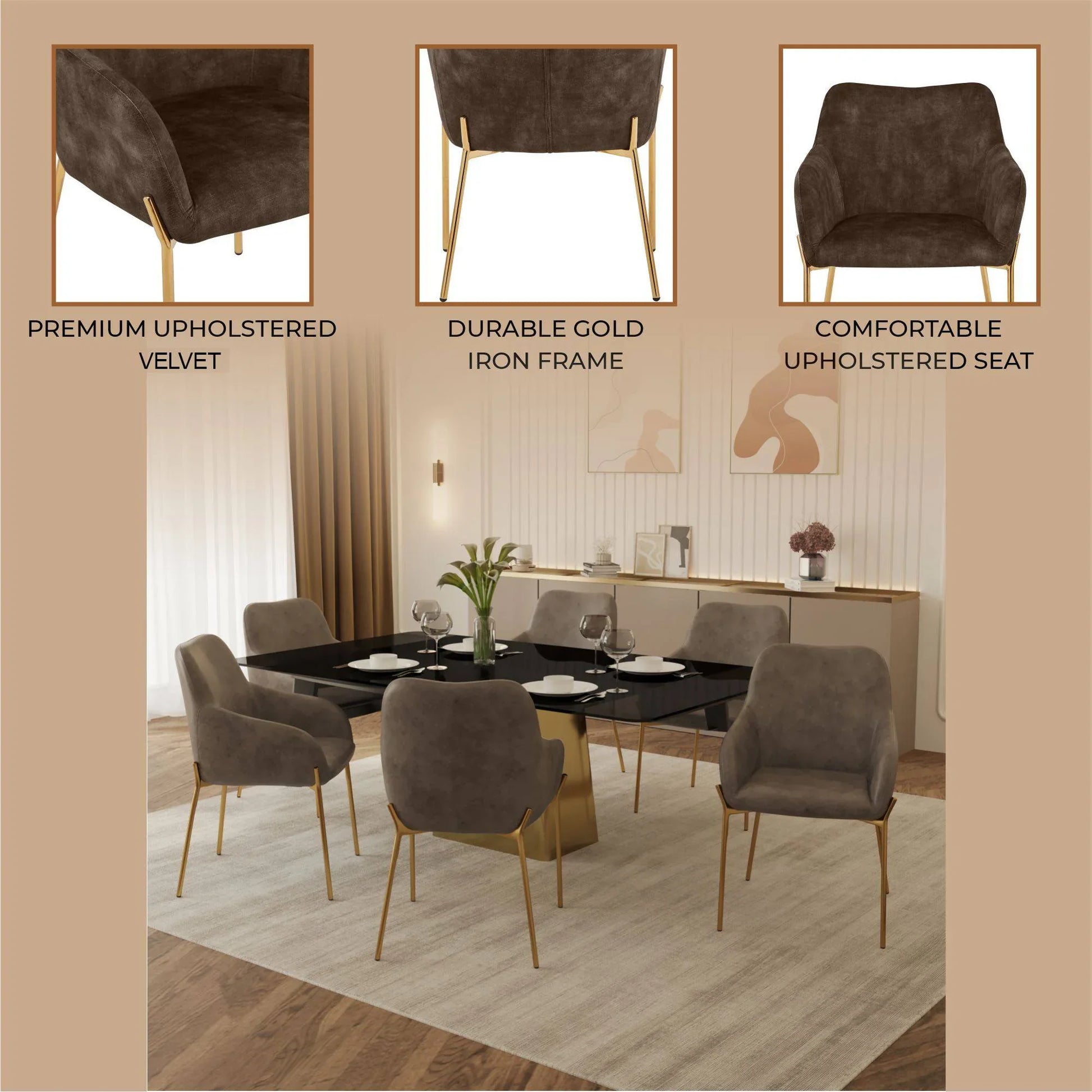 Zaire Upholsters Dining Chair in Velvet/Leather/Boucle with Gold Chrome Iron - Elax Furniture