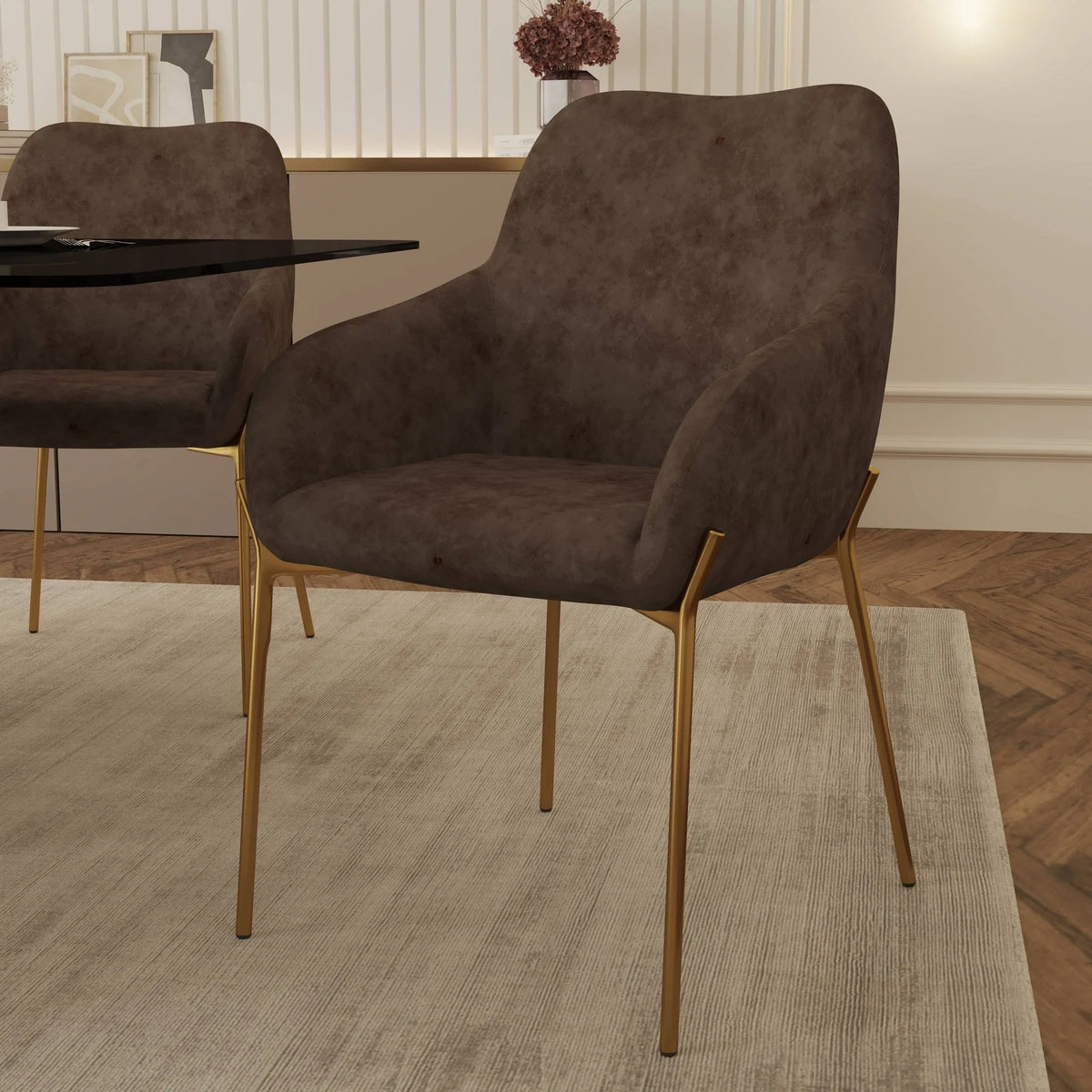 Zaire Upholsters Dining Chair in Velvet/Leather/Boucle with Gold Chrome Iron - Elax Furniture