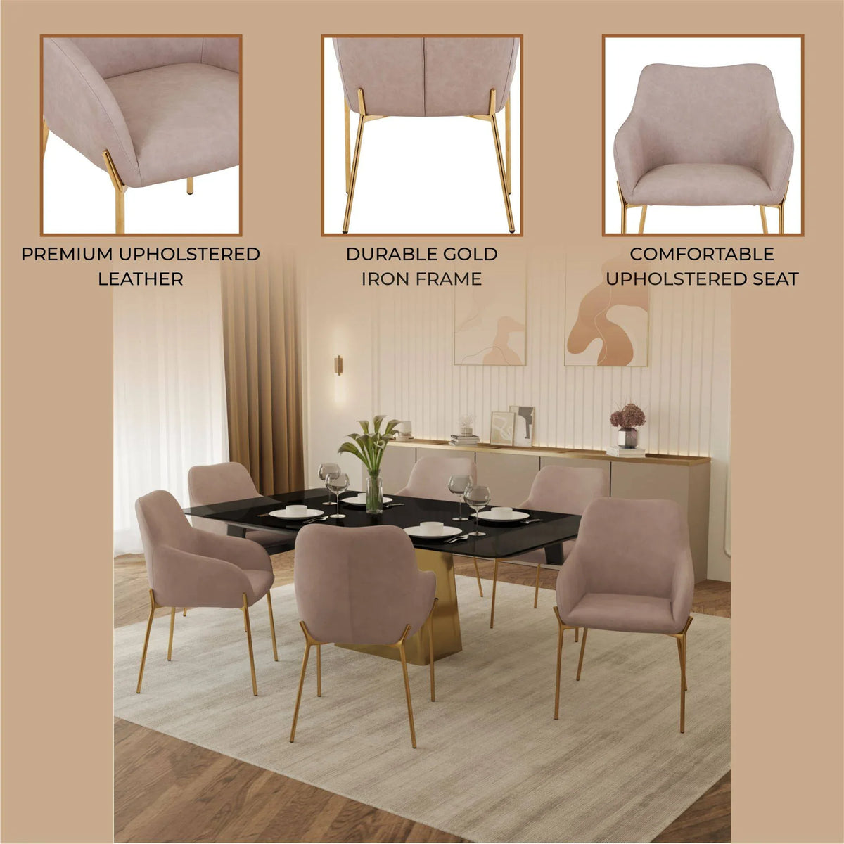 Zaire Upholsters Dining Chair in Velvet/Leather/Boucle with Gold Chrome Iron - Elax Furniture