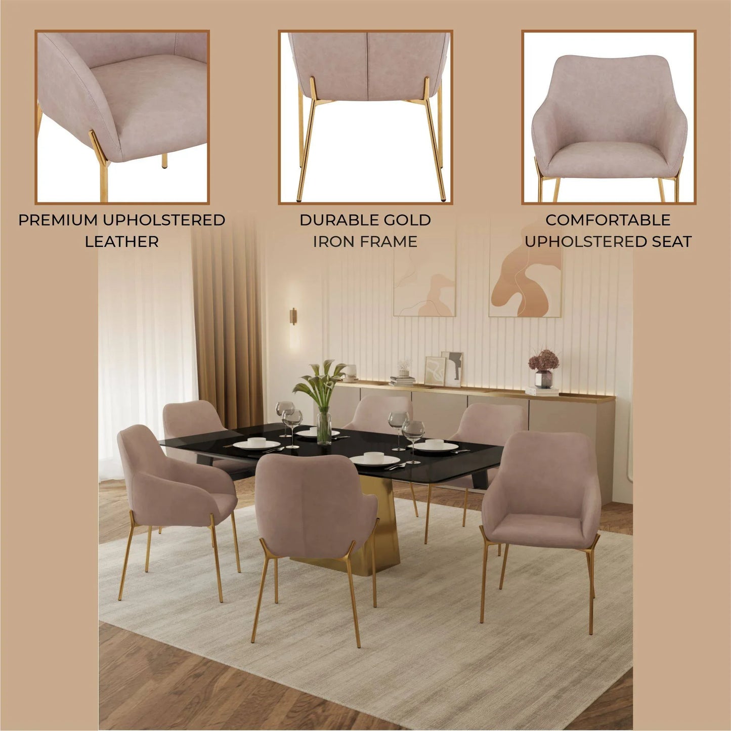 Zaire Upholsters Dining Chair in Velvet/Leather/Boucle with Gold Chrome Iron - Elax Furniture