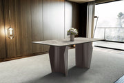 Zelan Dining Table with Rectangular Glass/Sintered Stone Tabletop and Steel Legs Sintered Stone 55 Inches Wide Deep Grey Dining Table Leisuremod