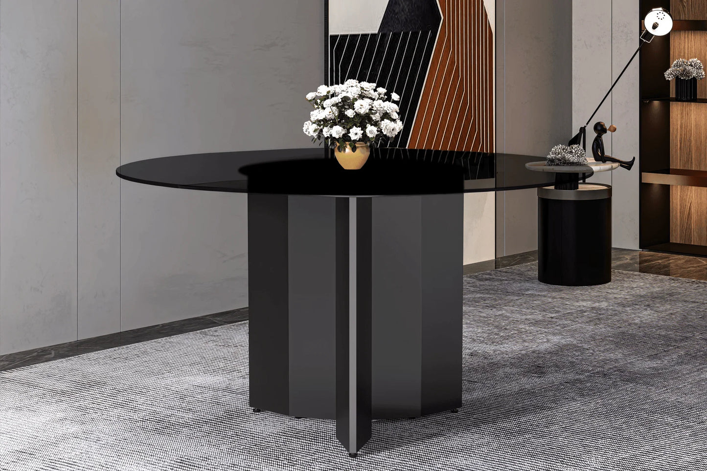 Zevro Round Dining Table with Sintered Stone/Glass Tabletop in Black Stainless Steel - Elax Furniture