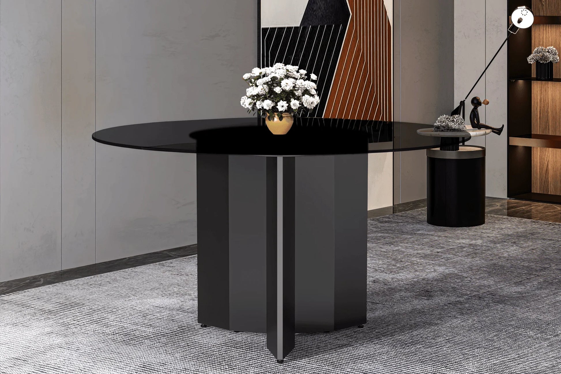Zevro Round Dining Table with Sintered Stone/Glass Tabletop in Black Stainless Steel - Elax Furniture