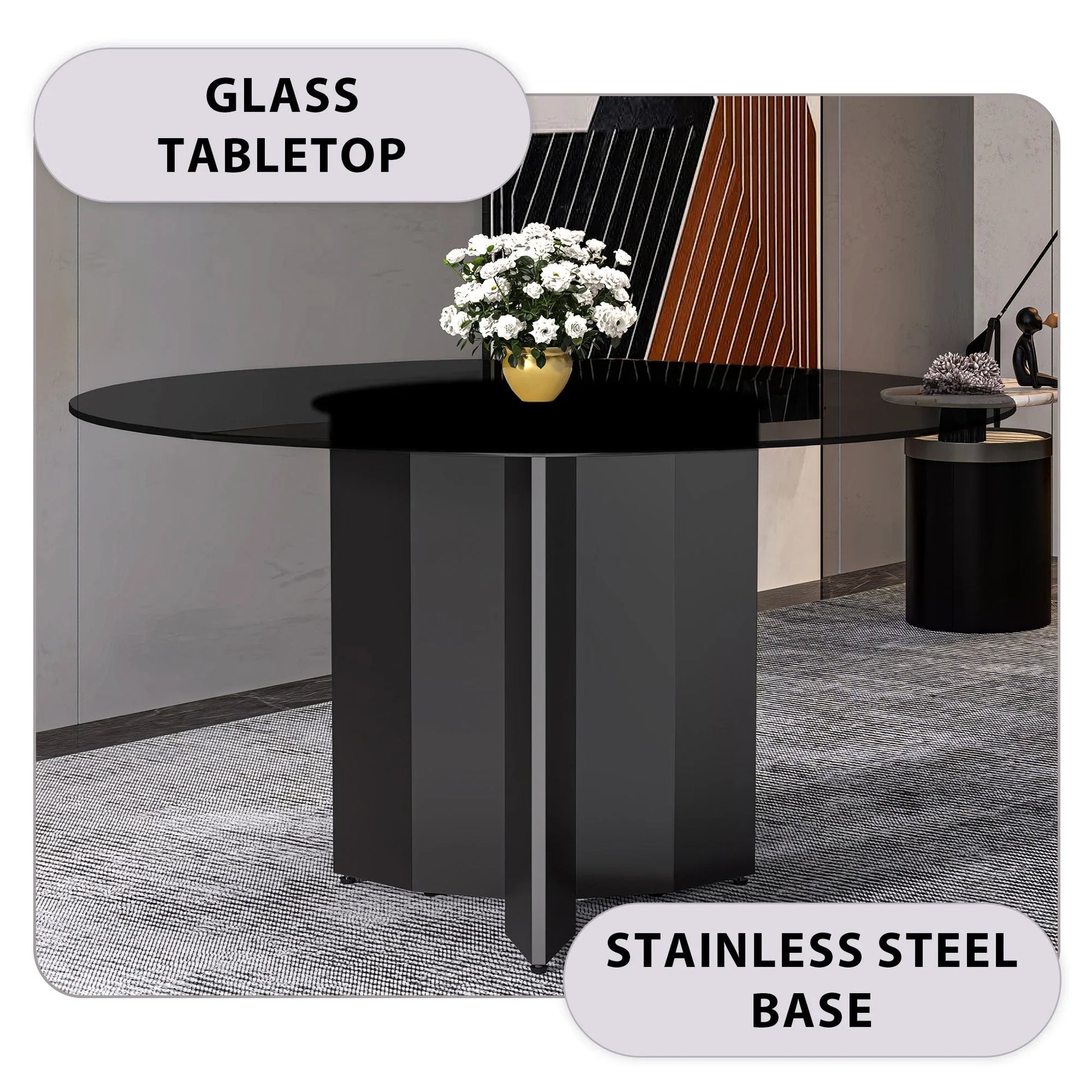 Zevro Round Dining Table with Sintered Stone/Glass Tabletop in Black Stainless Steel - Elax Furniture