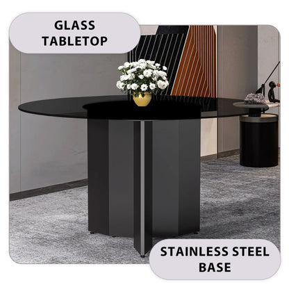 Zevro Round Dining Table with Sintered Stone/Glass Tabletop in Black Stainless Steel - Elax Furniture