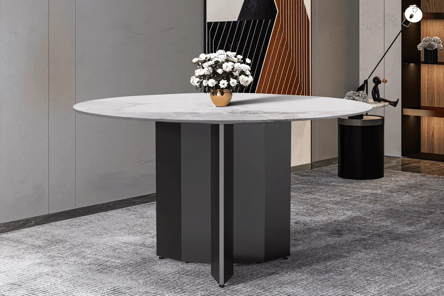 Zevro Round Dining Table with Sintered Stone/Glass Tabletop in Black Stainless Steel - Elax Furniture