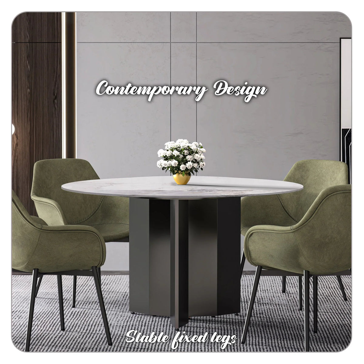 Zevro Round Dining Table with Sintered Stone/Glass Tabletop in Black Stainless Steel - Elax Furniture