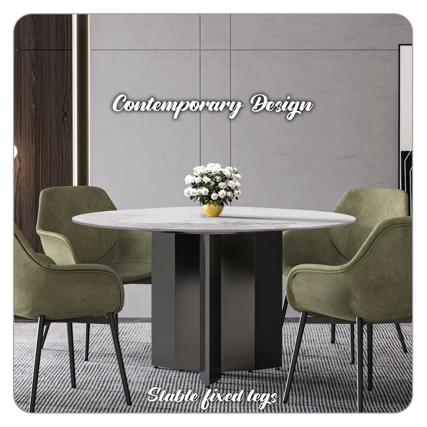 Zevro Round Dining Table with Sintered Stone/Glass Tabletop in Black Stainless Steel - Elax Furniture