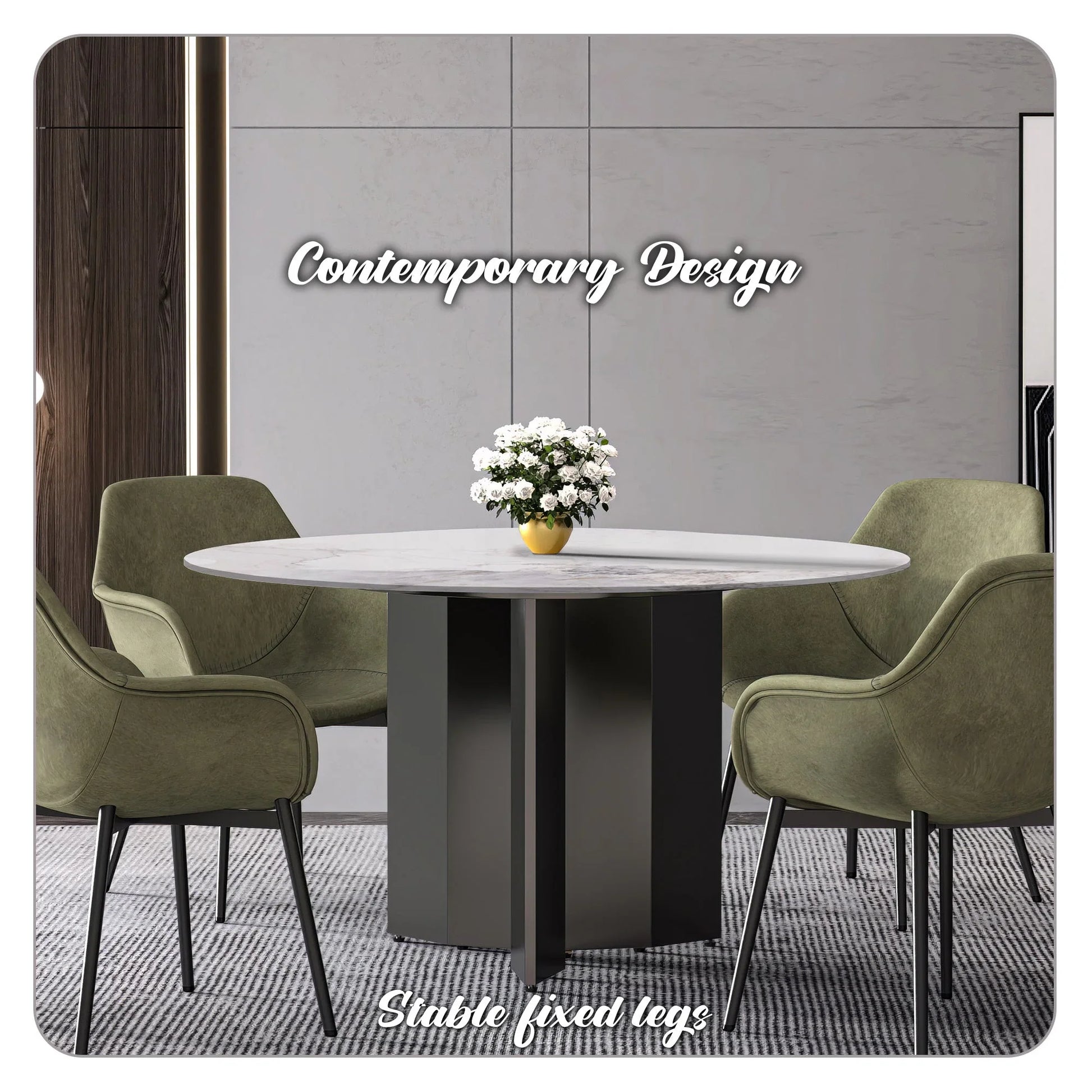 Zevro Round Dining Table with Sintered Stone/Glass Tabletop in Black Stainless Steel - Elax Furniture