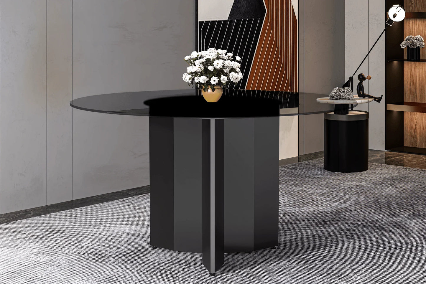 Zevro Round Dining Table with Sintered Stone/Glass Tabletop in Black Stainless Steel - Elax Furniture