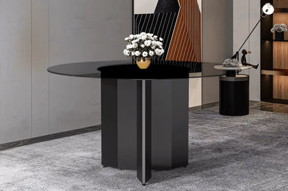 Zevro Round Dining Table with Sintered Stone/Glass Tabletop in Black Stainless Steel - Elax Furniture