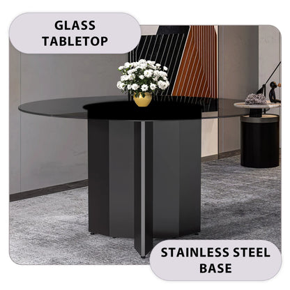 Zevro Round Dining Table with Sintered Stone/Glass Tabletop in Black Stainless Steel - Elax Furniture