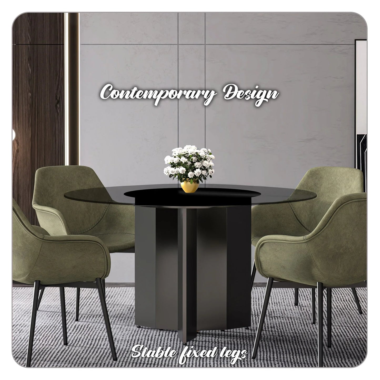 Zevro Round Dining Table with Sintered Stone/Glass Tabletop in Black Stainless Steel - Elax Furniture