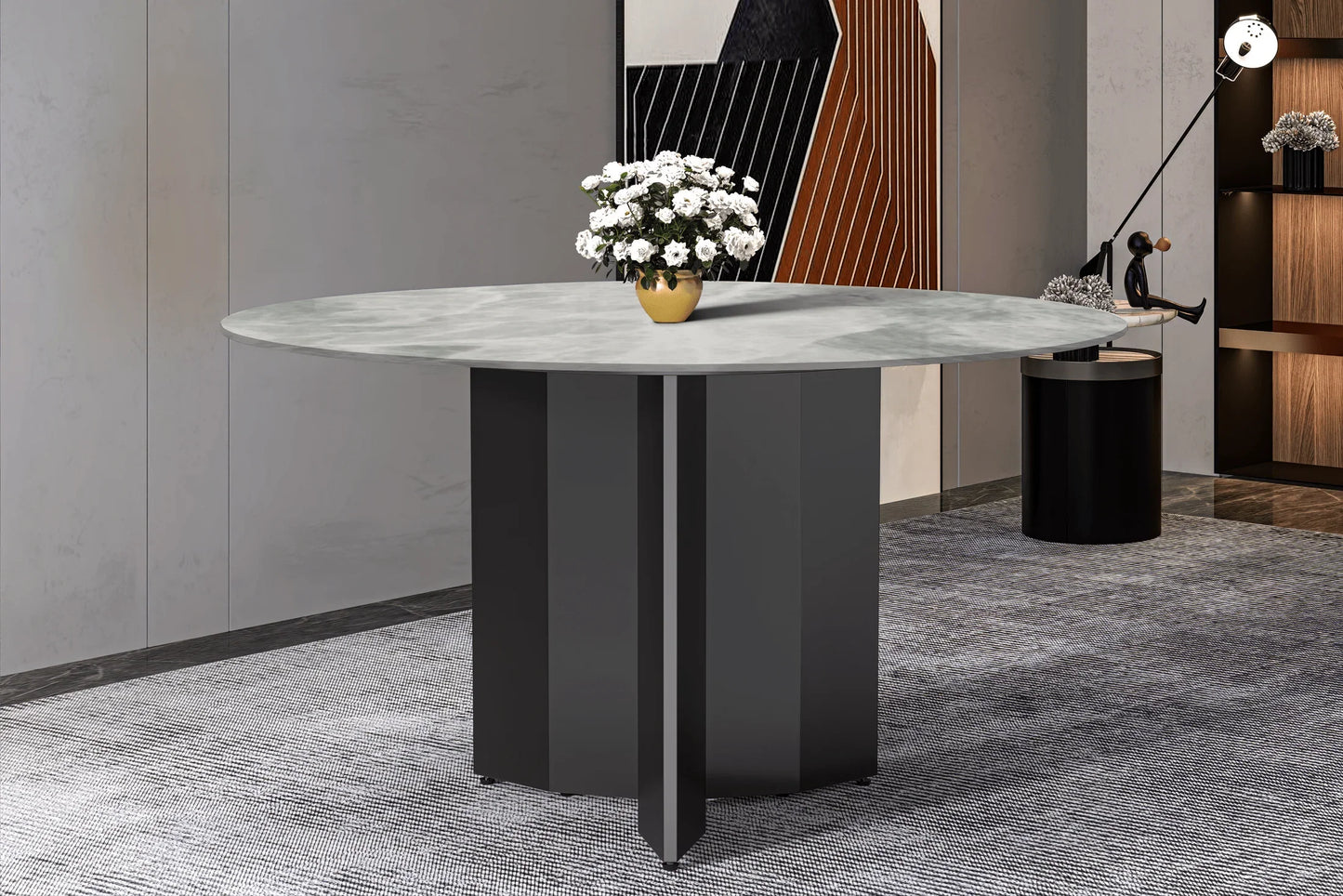 Zevro Round Dining Table with Sintered Stone/Glass Tabletop in Black Stainless Steel - Elax Furniture