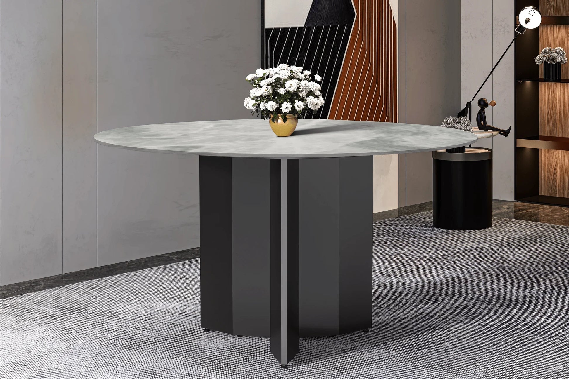 Zevro Round Dining Table with Sintered Stone/Glass Tabletop in Black Stainless Steel - Elax Furniture