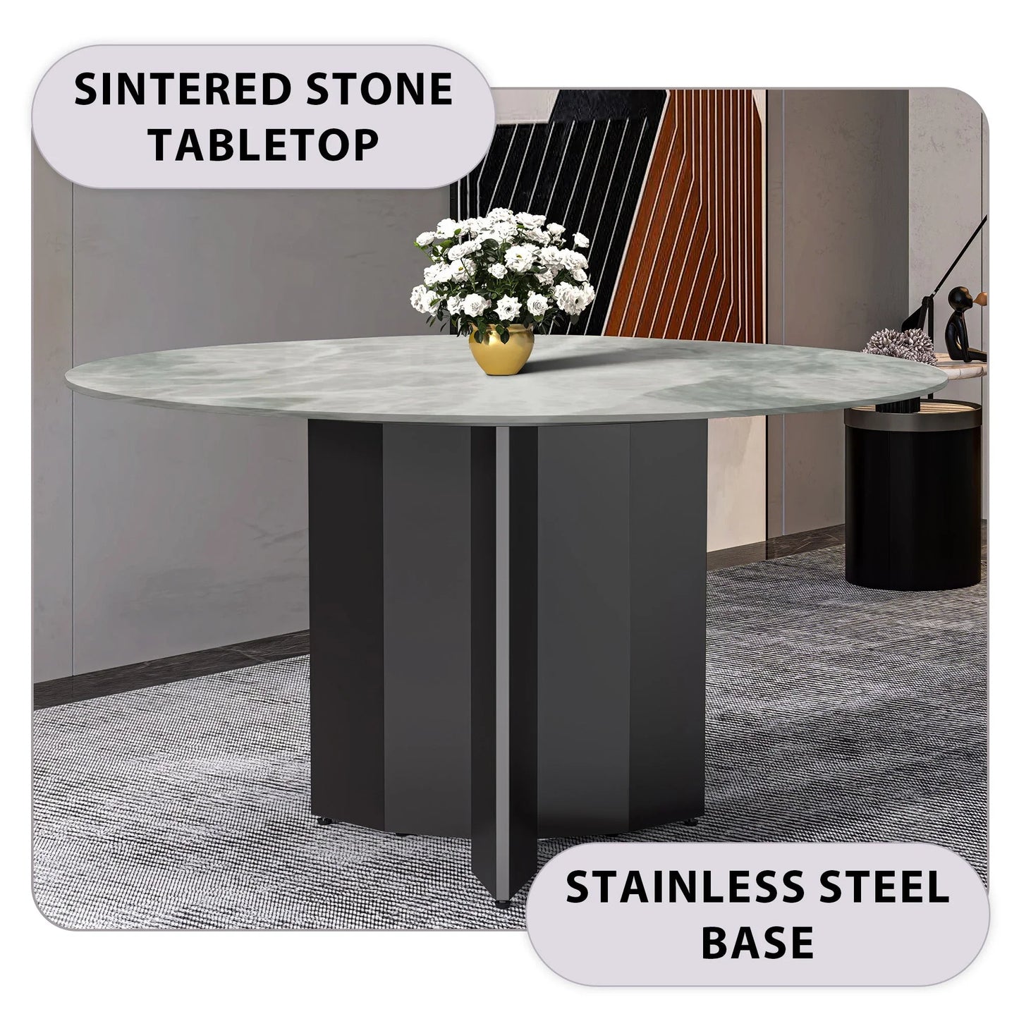 Zevro Round Dining Table with Sintered Stone/Glass Tabletop in Black Stainless Steel - Elax Furniture