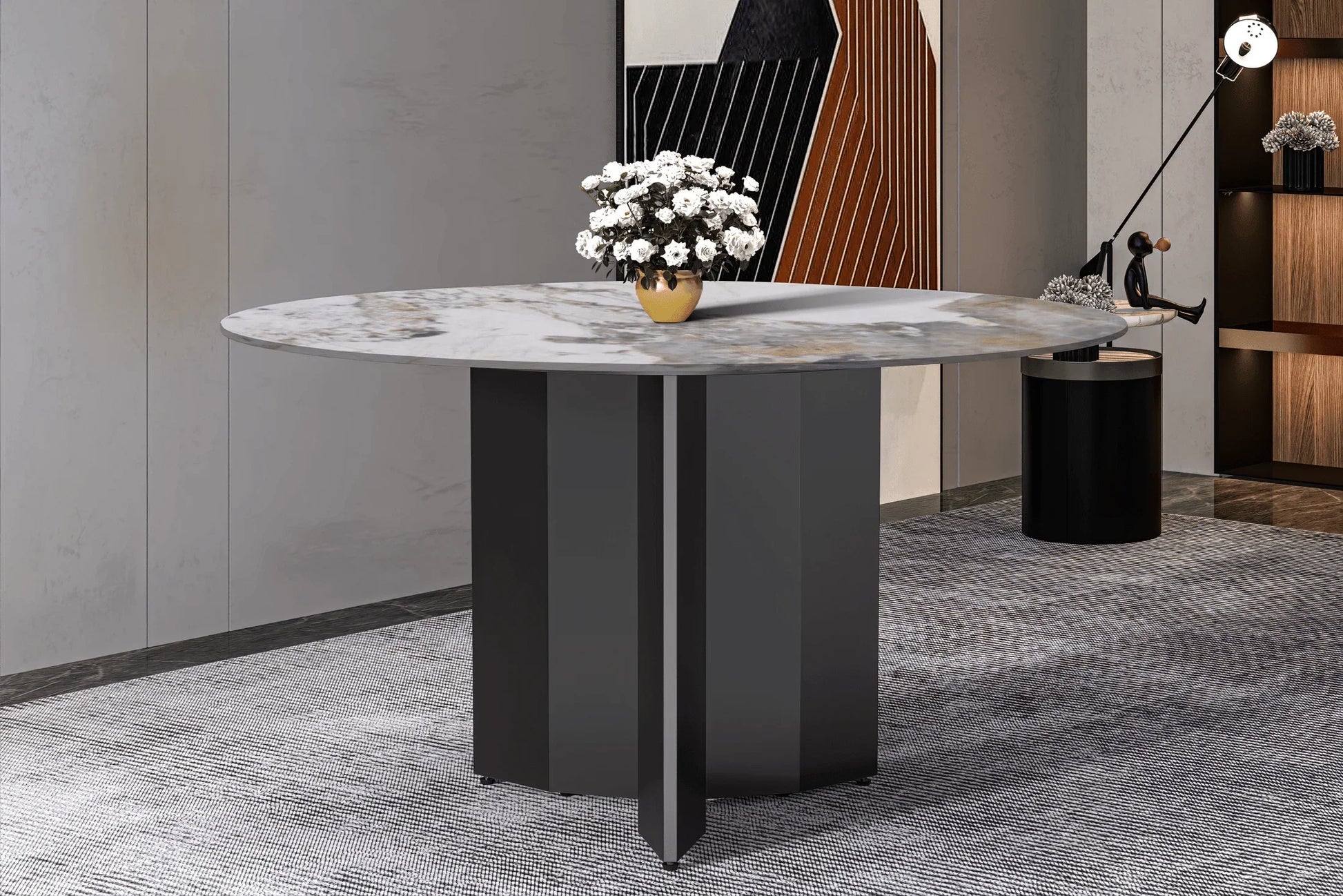 Zevro Round Dining Table with Sintered Stone/Glass Tabletop in Black Stainless Steel - Elax Furniture
