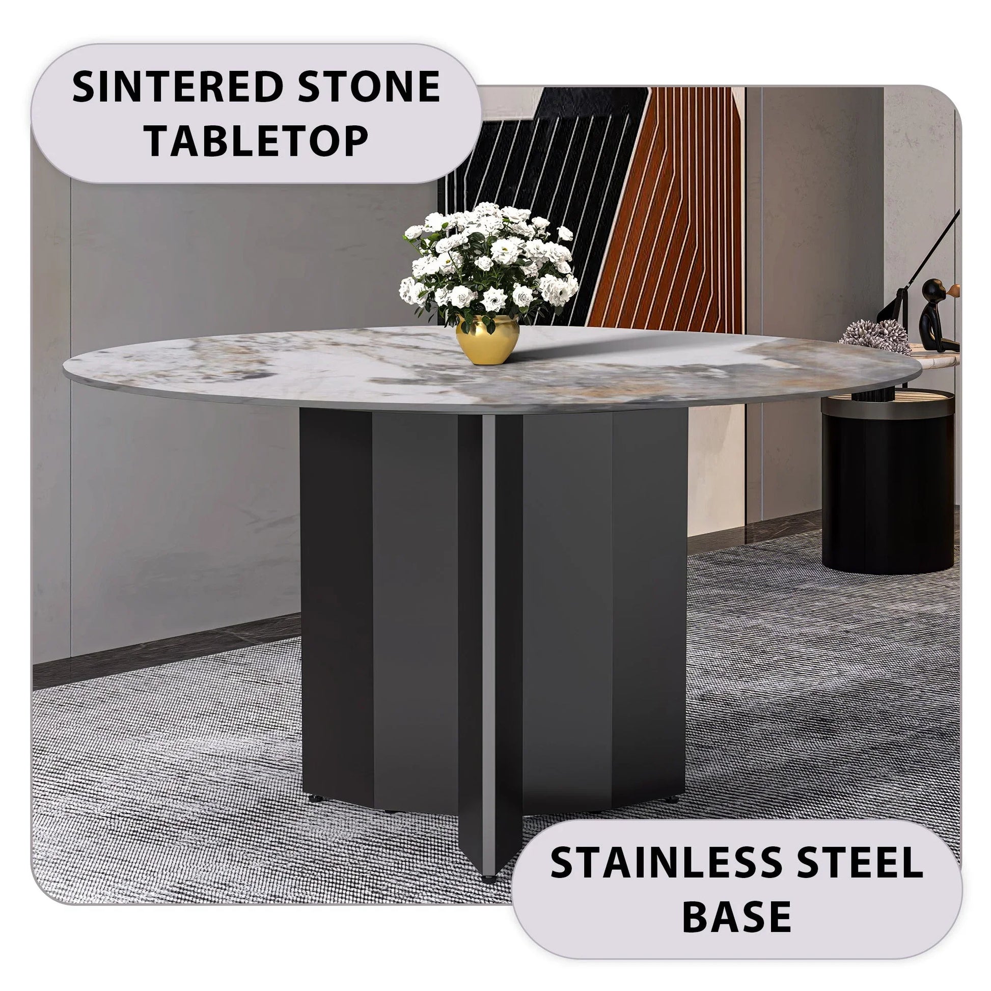 Zevro Round Dining Table with Sintered Stone/Glass Tabletop in Black Stainless Steel - Elax Furniture