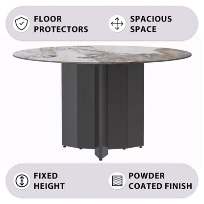 Zevro Round Dining Table with Sintered Stone/Glass Tabletop in Black Stainless Steel - Elax Furniture