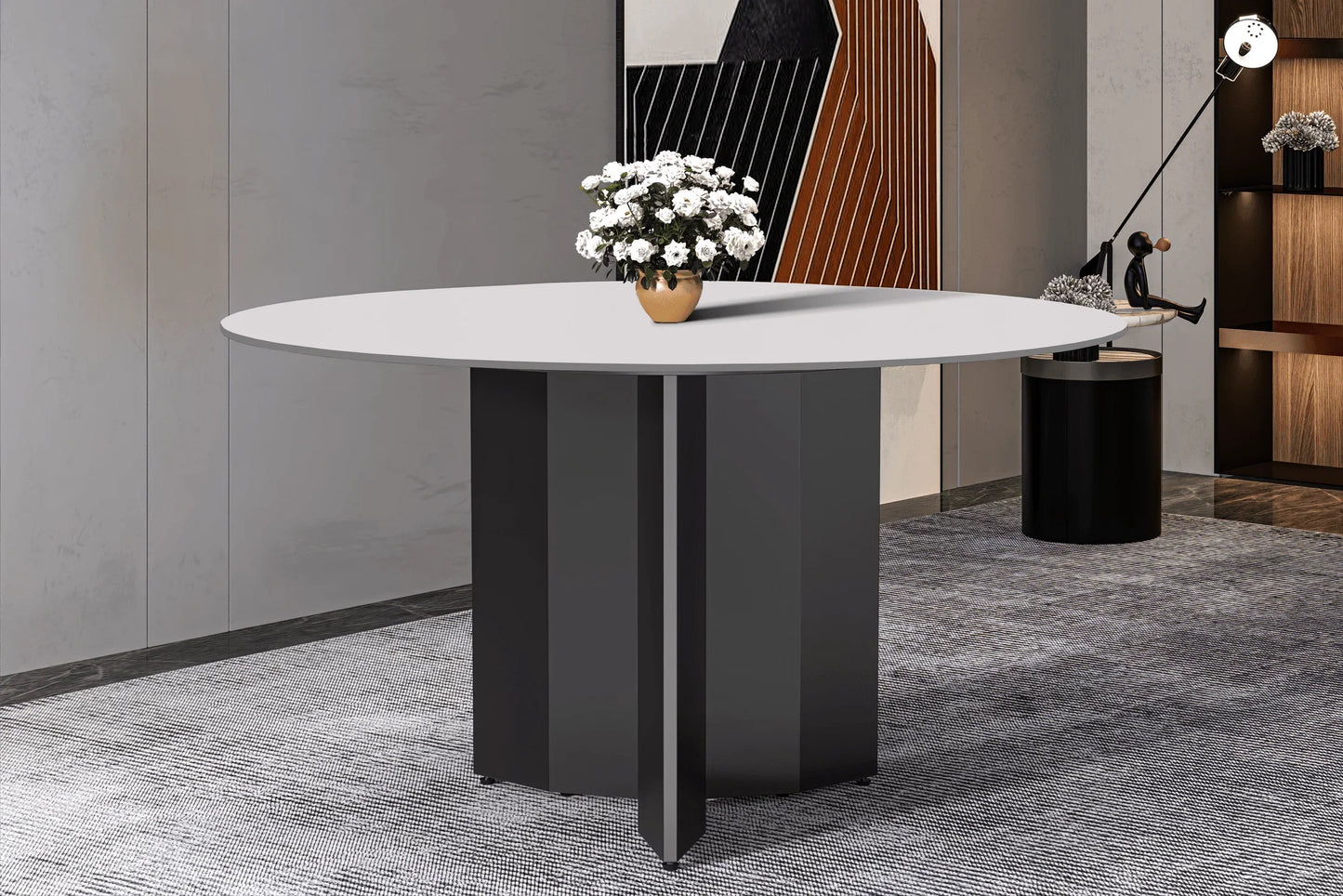 Zevro Round Dining Table with Sintered Stone/Glass Tabletop in Black Stainless Steel - Elax Furniture