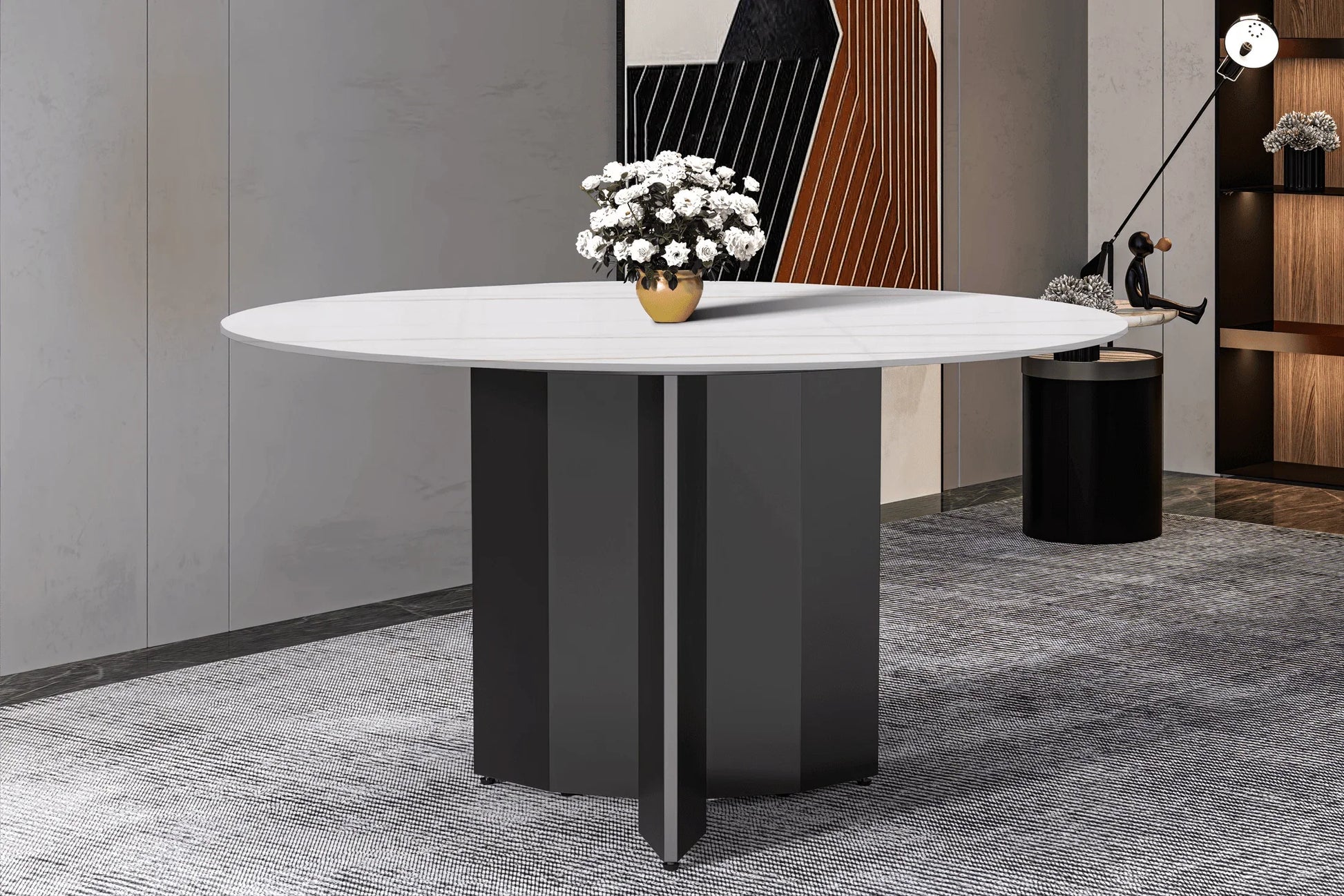Zevro Round Dining Table with Sintered Stone/Glass Tabletop in Black Stainless Steel - Elax Furniture