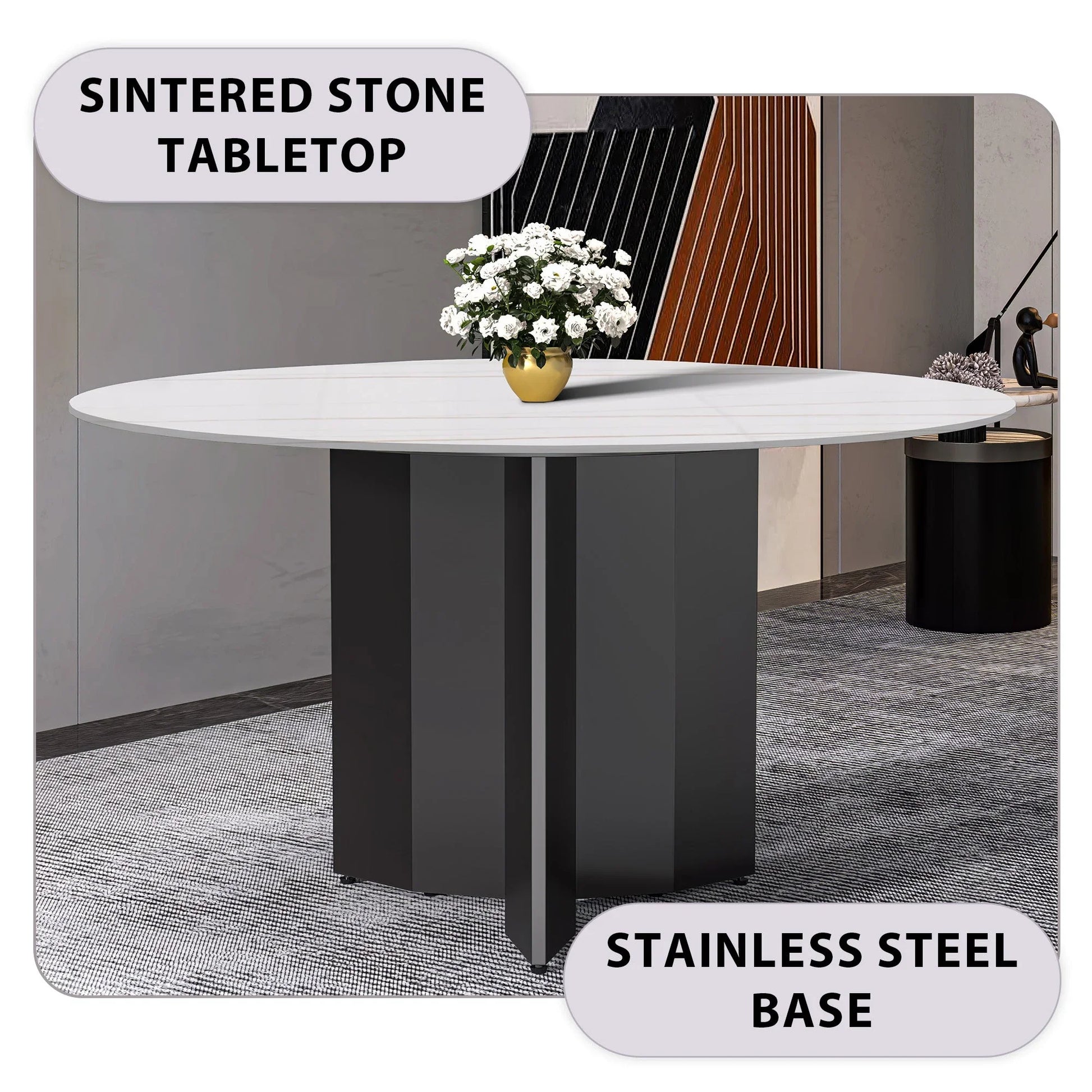 Zevro Round Dining Table with Sintered Stone/Glass Tabletop in Black Stainless Steel - Elax Furniture