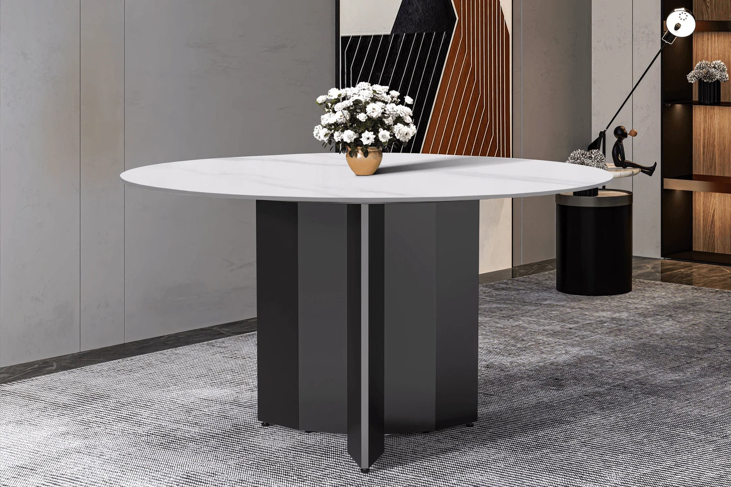 Zevro Round Dining Table with Sintered Stone/Glass Tabletop in Black Stainless Steel - Elax Furniture