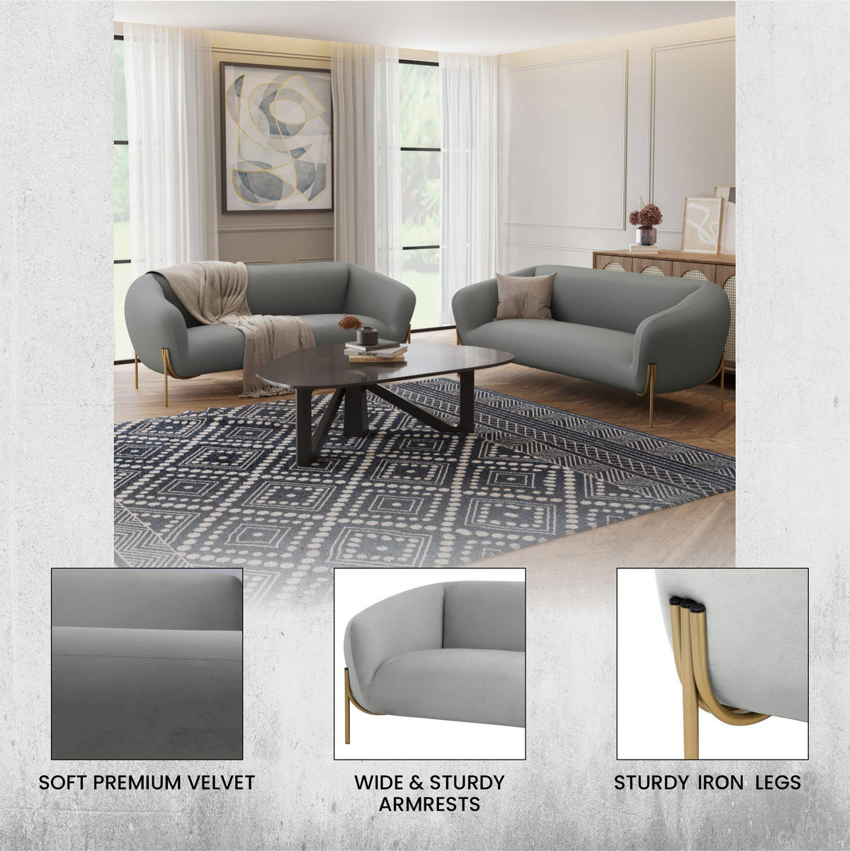 Zuno Modern Three-Seater Velvet Sofa with Gold Iron Legs - Elax Furniture
