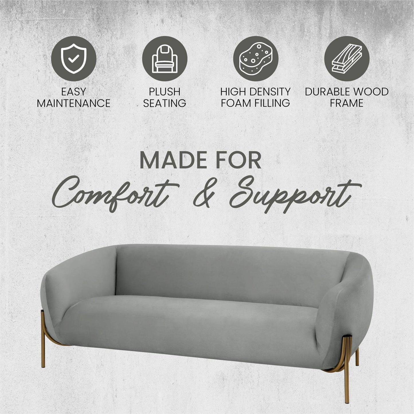 Zuno Modern Three-Seater Velvet Sofa with Gold Iron Legs - Elax Furniture