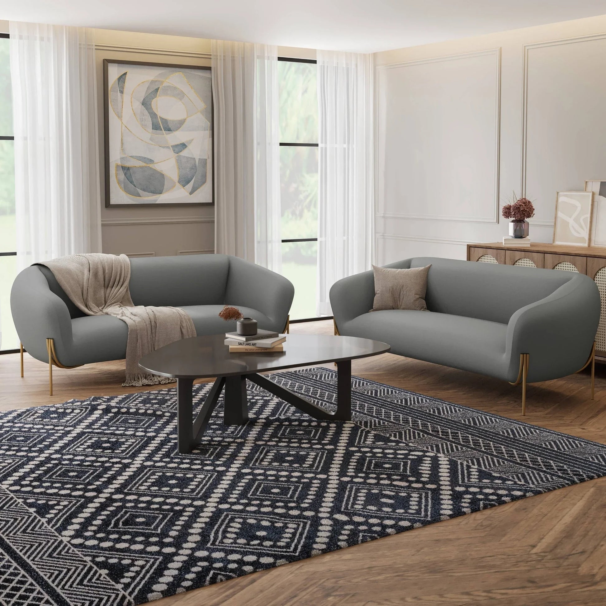 Zuno Modern Three-Seater Velvet Sofa with Gold Iron Legs - Elax Furniture