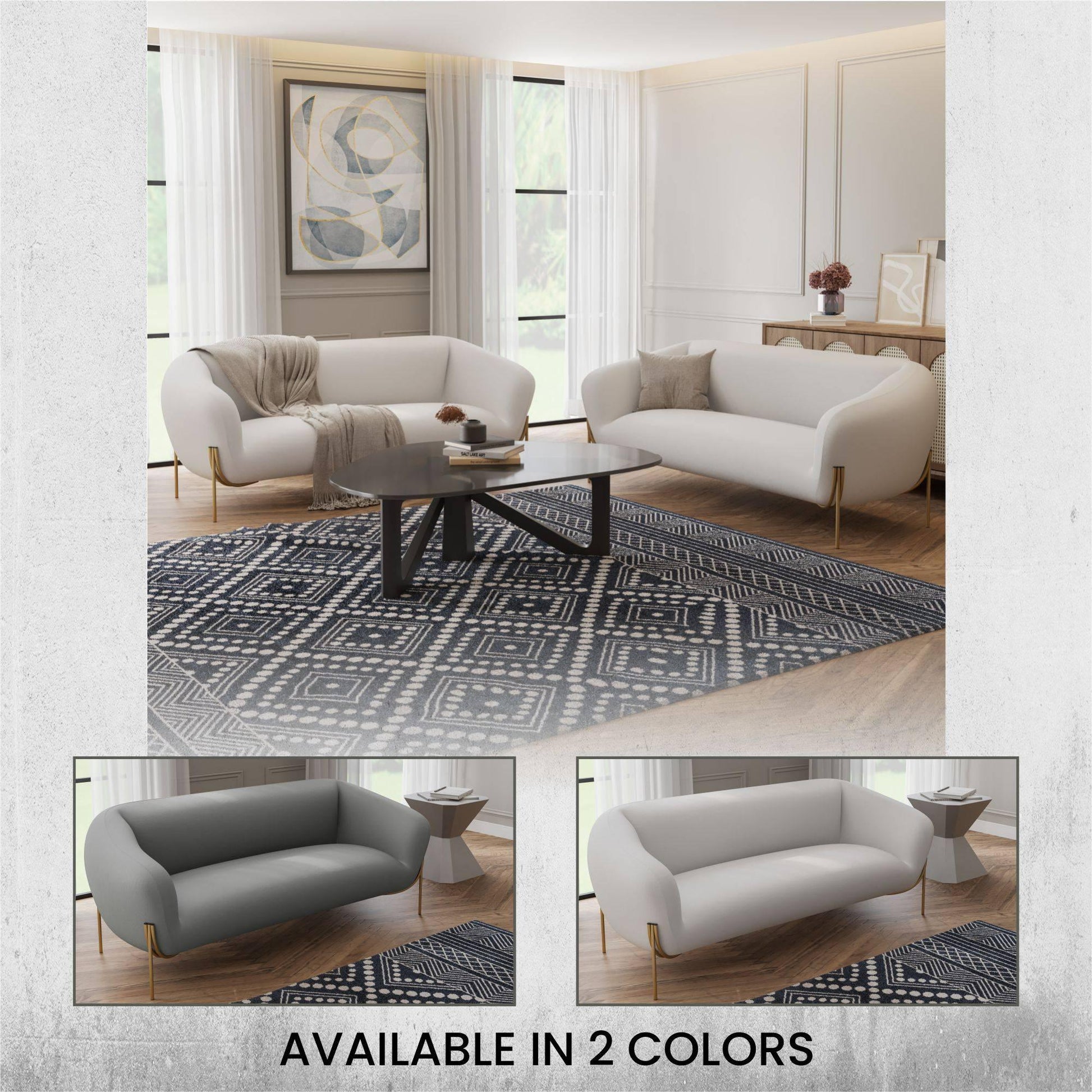 Zuno Modern Three-Seater Velvet Sofa with Gold Iron Legs - Elax Furniture