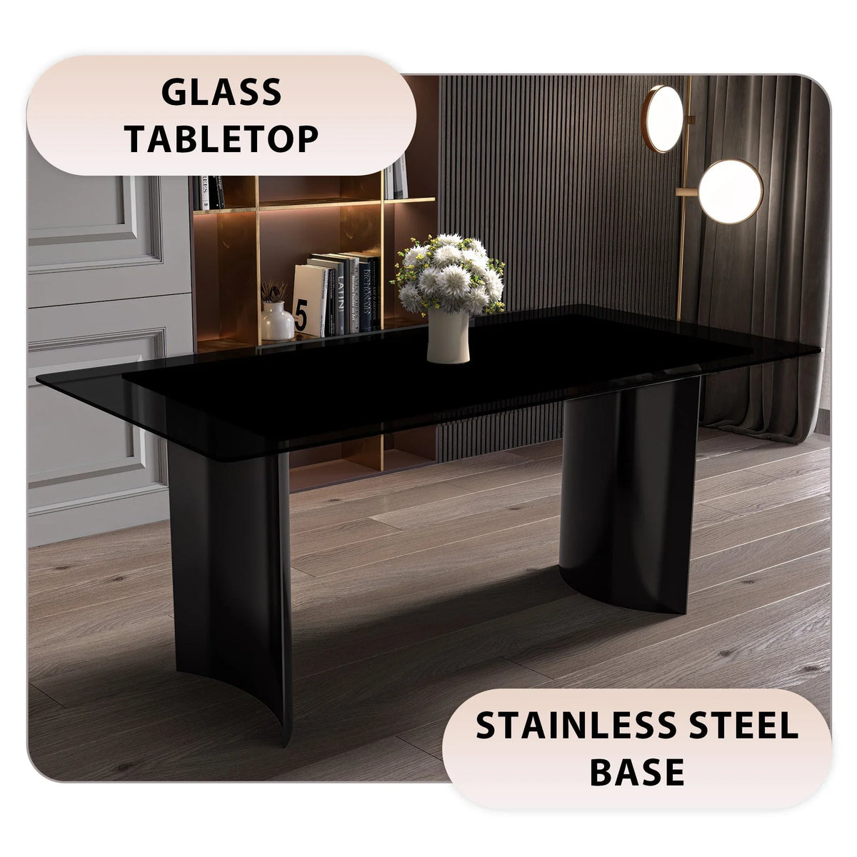 Zara Rectangular Dining Table with Glass/Sintered Stone Top and Stainless Steel Base - Elax Furniture