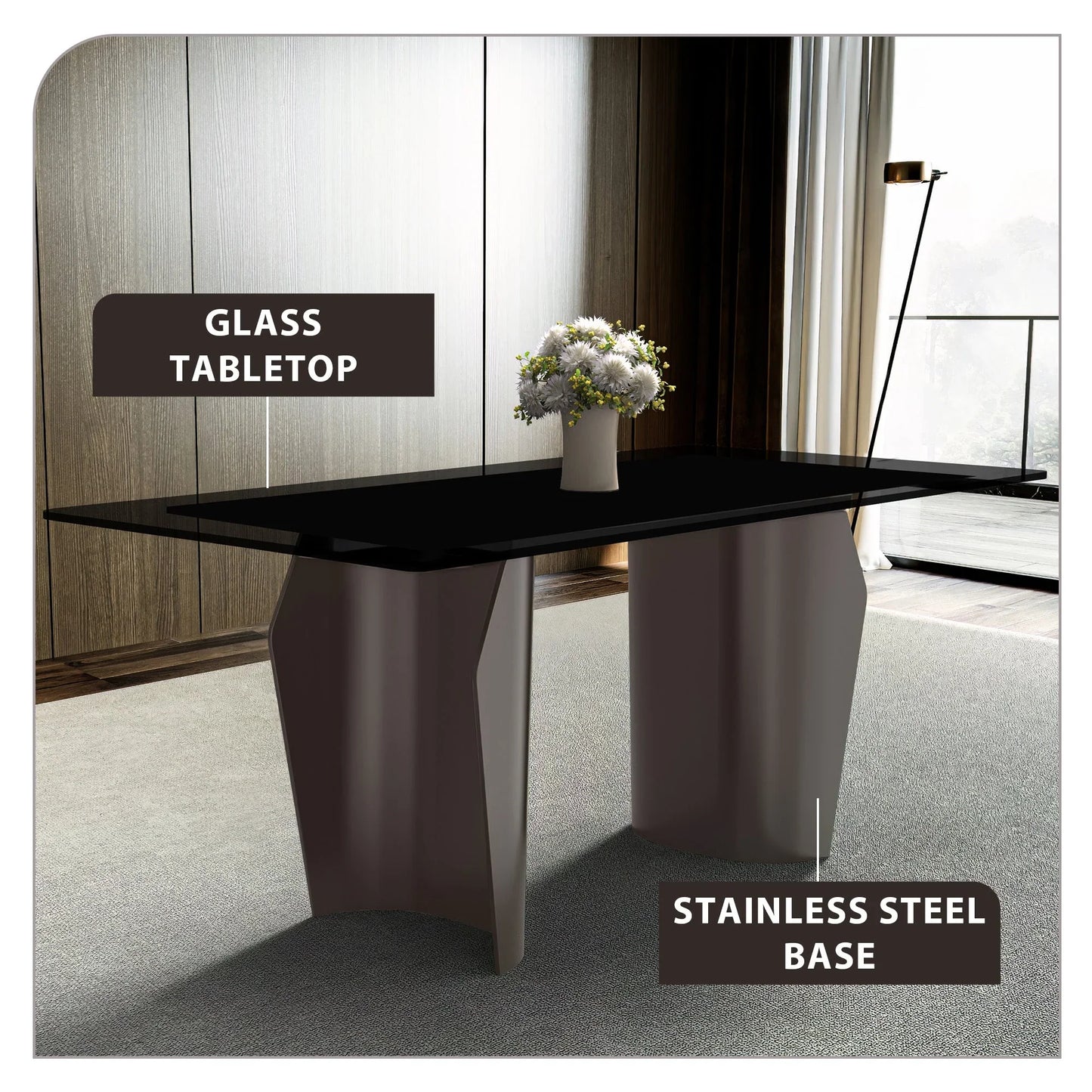 Zelan Dining Table with Rectangular Glass or Sintered Stone Tabletop and Steel Legs - Elax Furniture