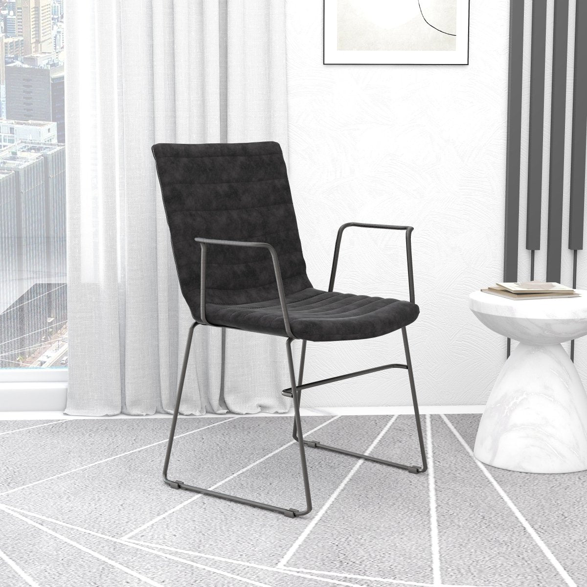Zylar Leather/Polyester Guest Arm Chair with Powder-Coated Stainless Steel Base Charcoal Leather Office Chair Leisuremod