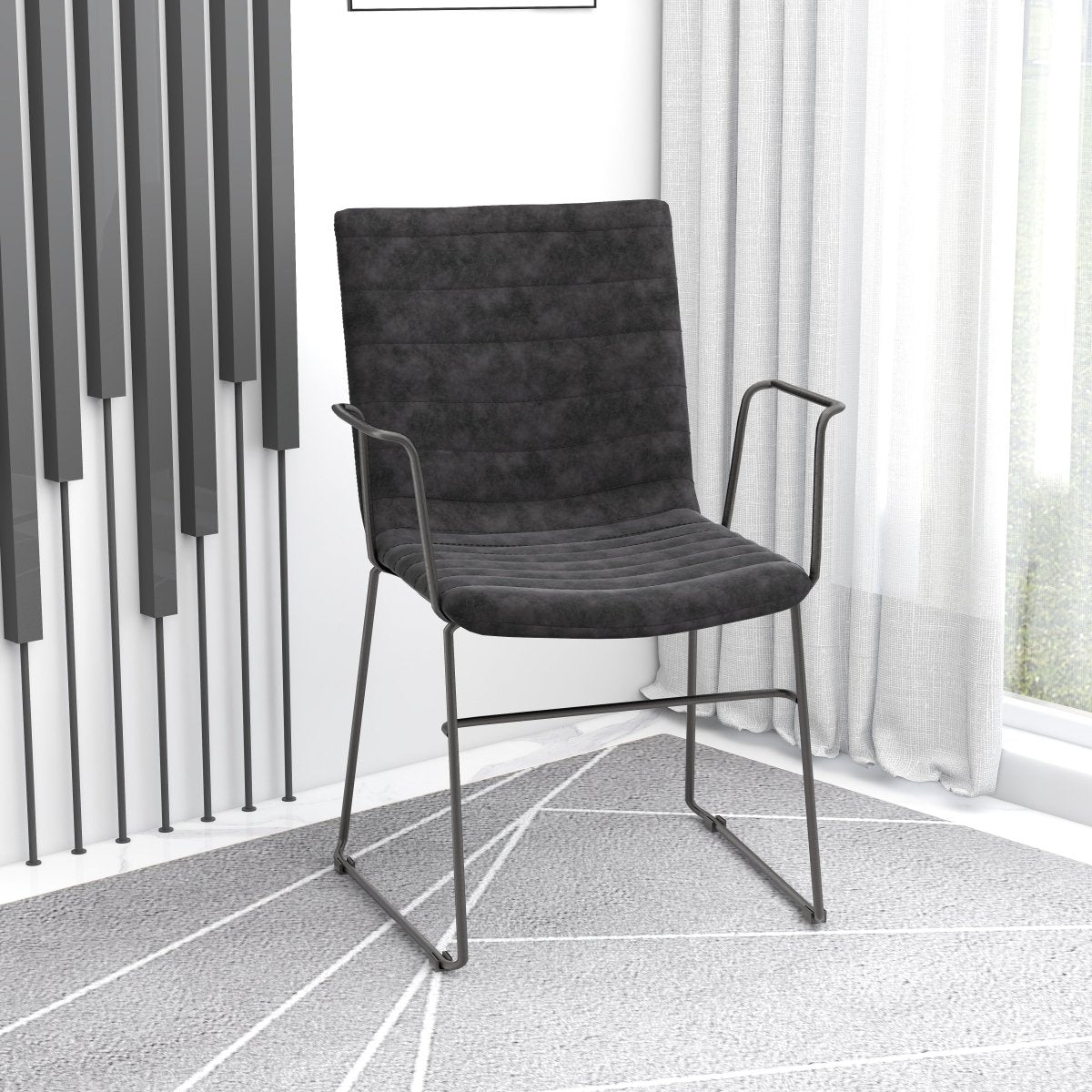Zylar Leather/Polyester Guest Arm Chair with Powder-Coated Stainless Steel Base Charcoal Leather Office Chair Leisuremod