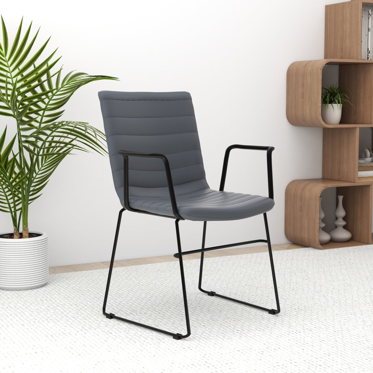 Zylar Leather/Polyester Guest Arm Chair with Powder-Coated Stainless Steel Base Grey Leather Office Chair Leisuremod