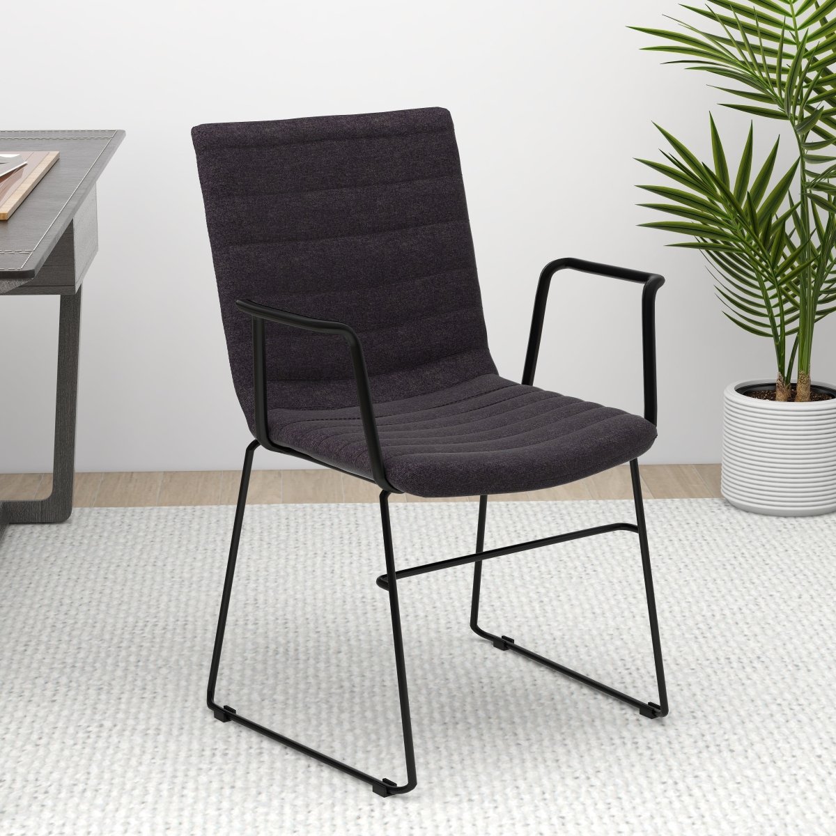 Zylar Leather/Polyester Guest Arm Chair with Powder-Coated Stainless Steel Base Brown Polyester Office Chair Leisuremod