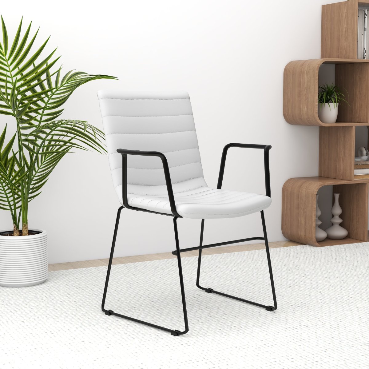Zylar Leather/Polyester Guest Arm Chair with Powder-Coated Stainless Steel Base White Leather Office Chair Leisuremod