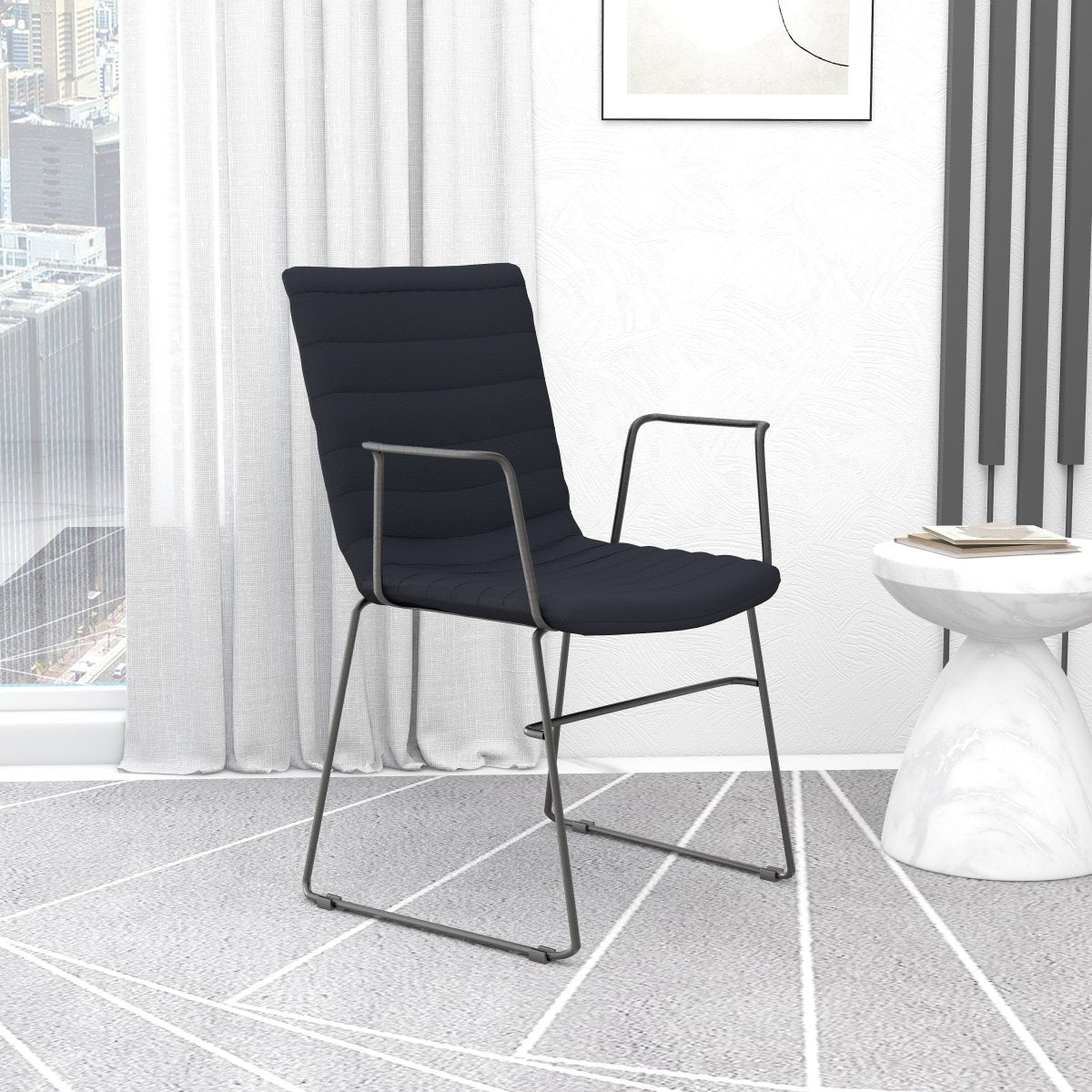 Zylar Leather/Polyester Guest Arm Chair with Powder-Coated Stainless Steel Base Black Leather Office Chair Leisuremod
