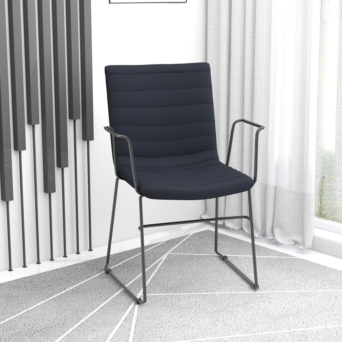 Zylar Leather/Polyester Guest Arm Chair with Powder-Coated Stainless Steel Base Black Leather Office Chair Leisuremod