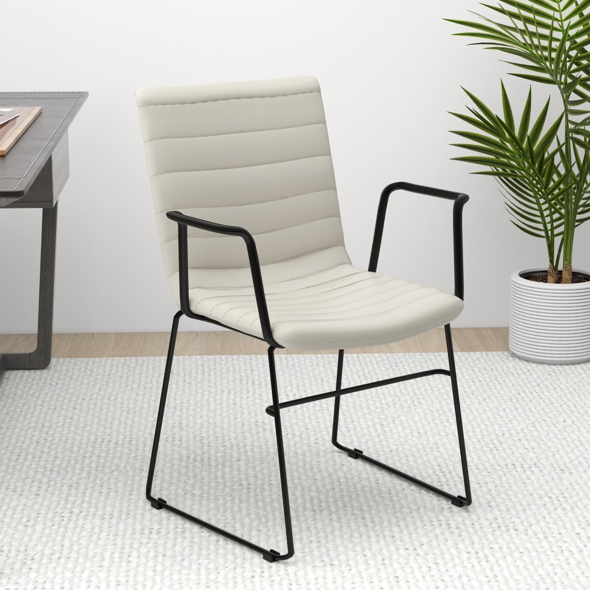 Zylar Leather/Polyester Guest Arm Chair with Powder-Coated Stainless Steel Base Tan Leather Office Chair Leisuremod